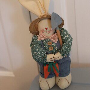 Vintage Cute Bunny with Shovel, weighted feet freestanding Spring Easter Decor